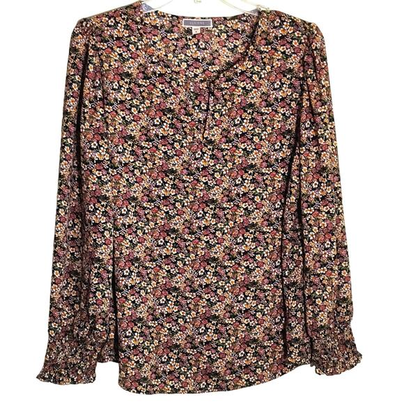 Pleione Floral Blouse Women's Size M Black Ditzy Print Long Sleeve Smocked Tunic - Picture 1 of 12